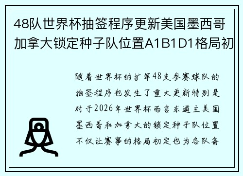 48队世界杯抽签程序更新美国墨西哥加拿大锁定种子队位置A1B1D1格局初定 48队世界杯抽签程序更新美国墨西哥加拿大锁定种子队位置A1B1D1格局初定